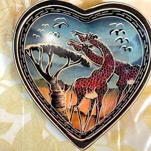 African Art Carved Soapstone Bowls Plate Animals Giraffes Heart Shape
